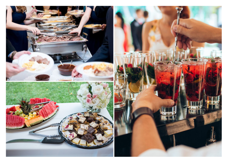 Collage of bbq catering buffet line and full service bar