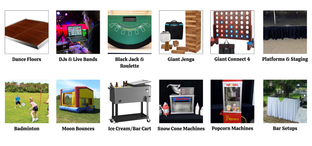 List of rentals with Beefalo Bob's Catering. MD Caterer, Maryland Catering, BBQ Catering, MD Rentals, Maryland Rentals, Entertainment Rentals, Dance Floor Rental, DJ Rental, Game Rental, Moon Bounce Rental, Bar Rental